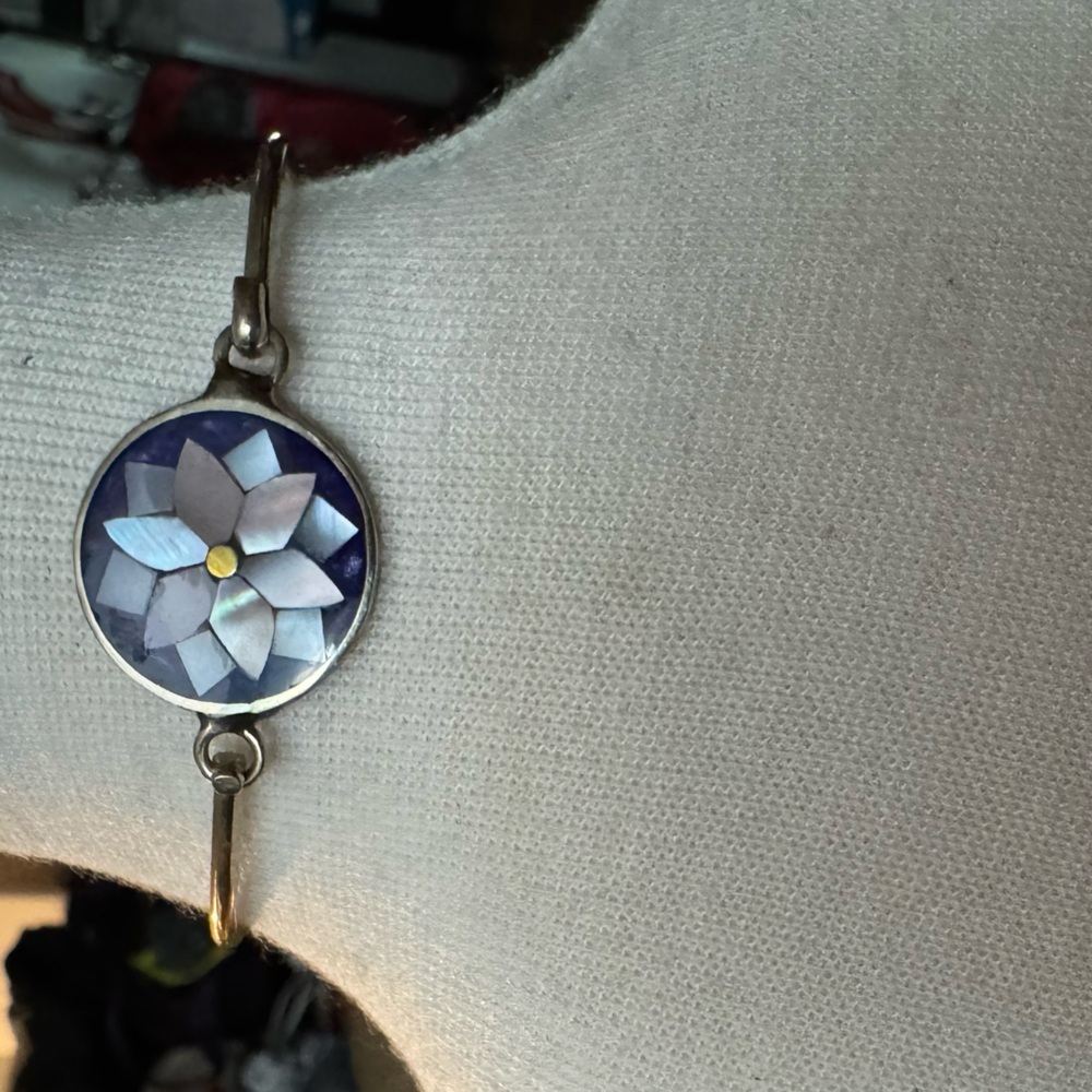 Silver-Tone Blue Floral Inlay Bracelet - Unbranded